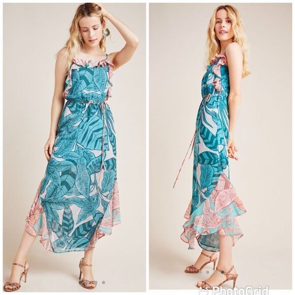 NEW Farm Rio Anthropologie Ruffled Botanical Maxi Dress Iris Blue Medium - Picture 1 of 12